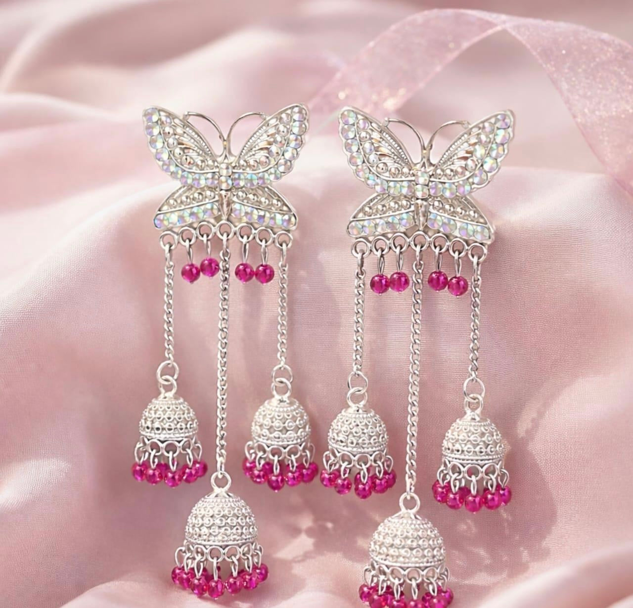 Butterfly Design Silver Oxidised Jhumka Earrings for Women & Girls