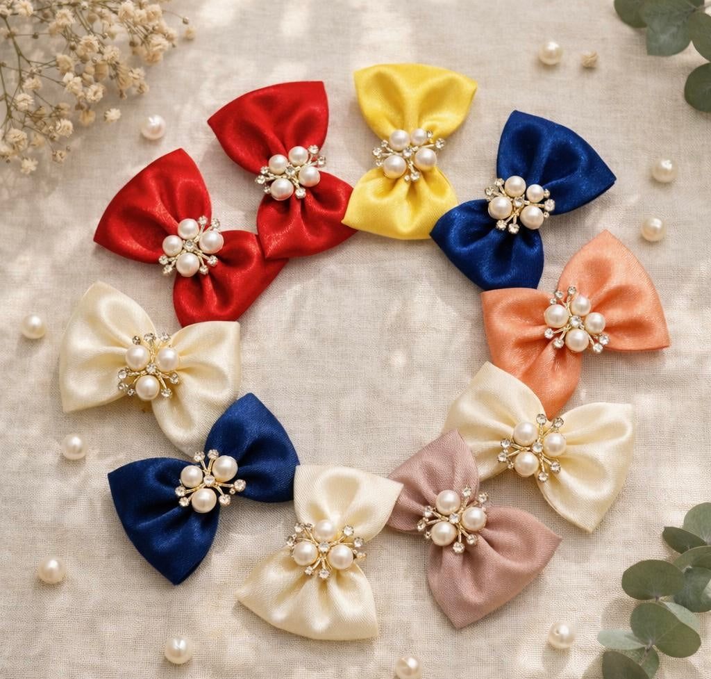 Stylish Satin Bow Pearl Hair Clips for Girls & Women (Multicolor)