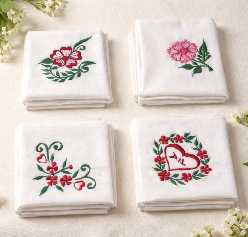 Oriva Premium Embroidered Cotton Handkerchief Set (Pack of 4)