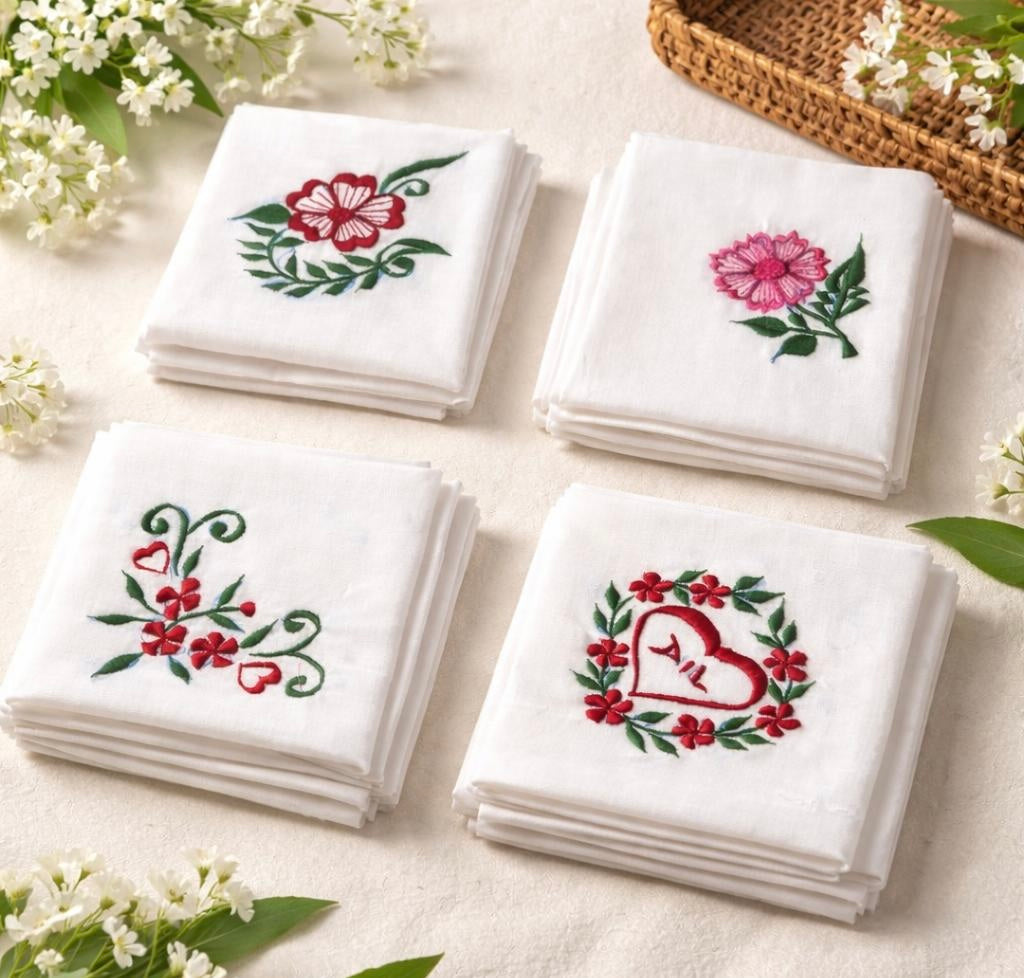 Oriva Premium Embroidered Cotton Handkerchief Set (Pack of 4)