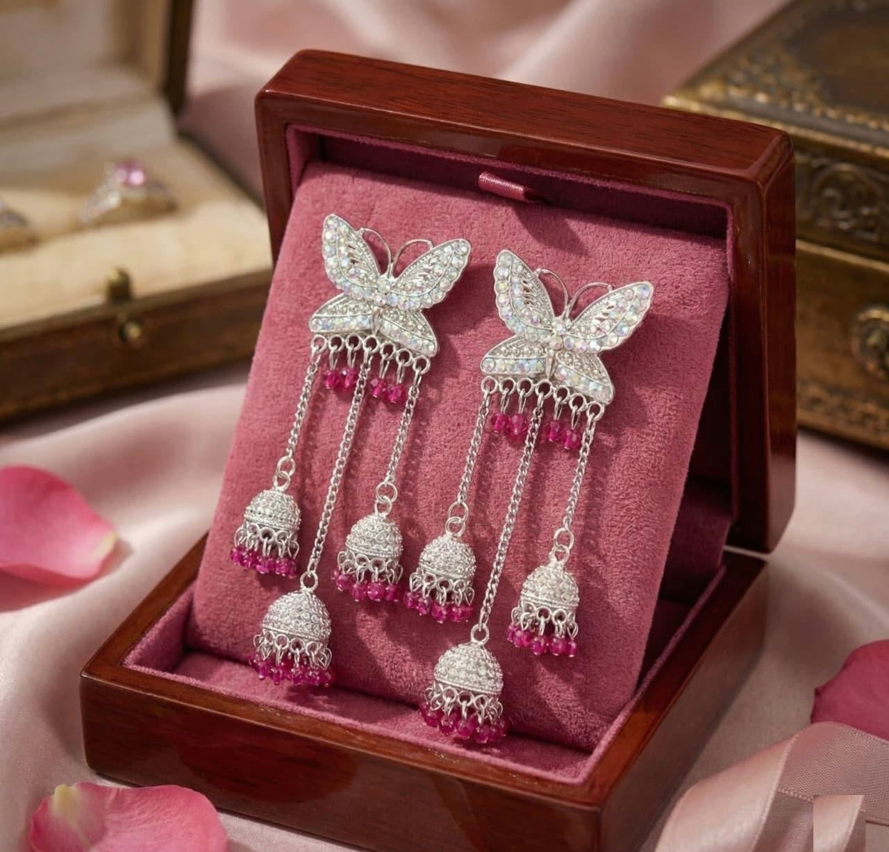 Butterfly Design Silver Oxidised Jhumka Earrings for Women & Girls